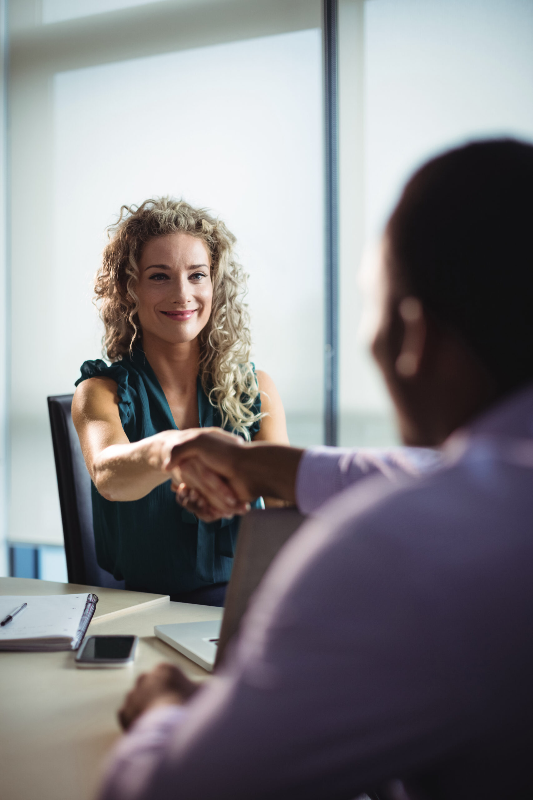 business executives shaking hands in office